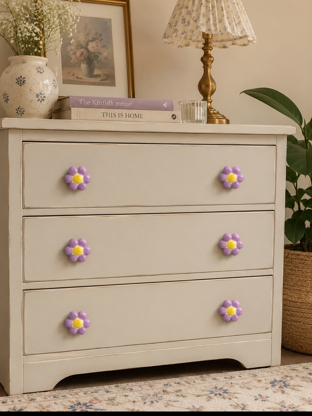 Lavender Ceramic Flower Drawer Knobs Set of 6 | Floral Cabinet Pulls